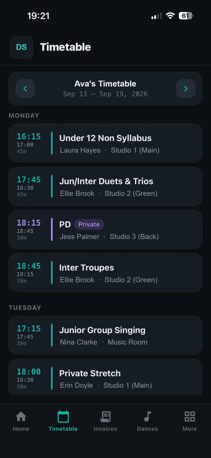Parent app weekly timetable screen