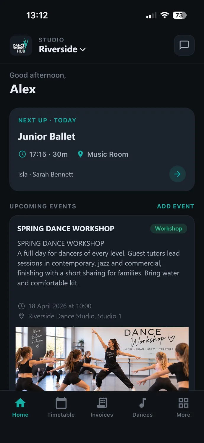 DanceSchoolHub parent app home screen
