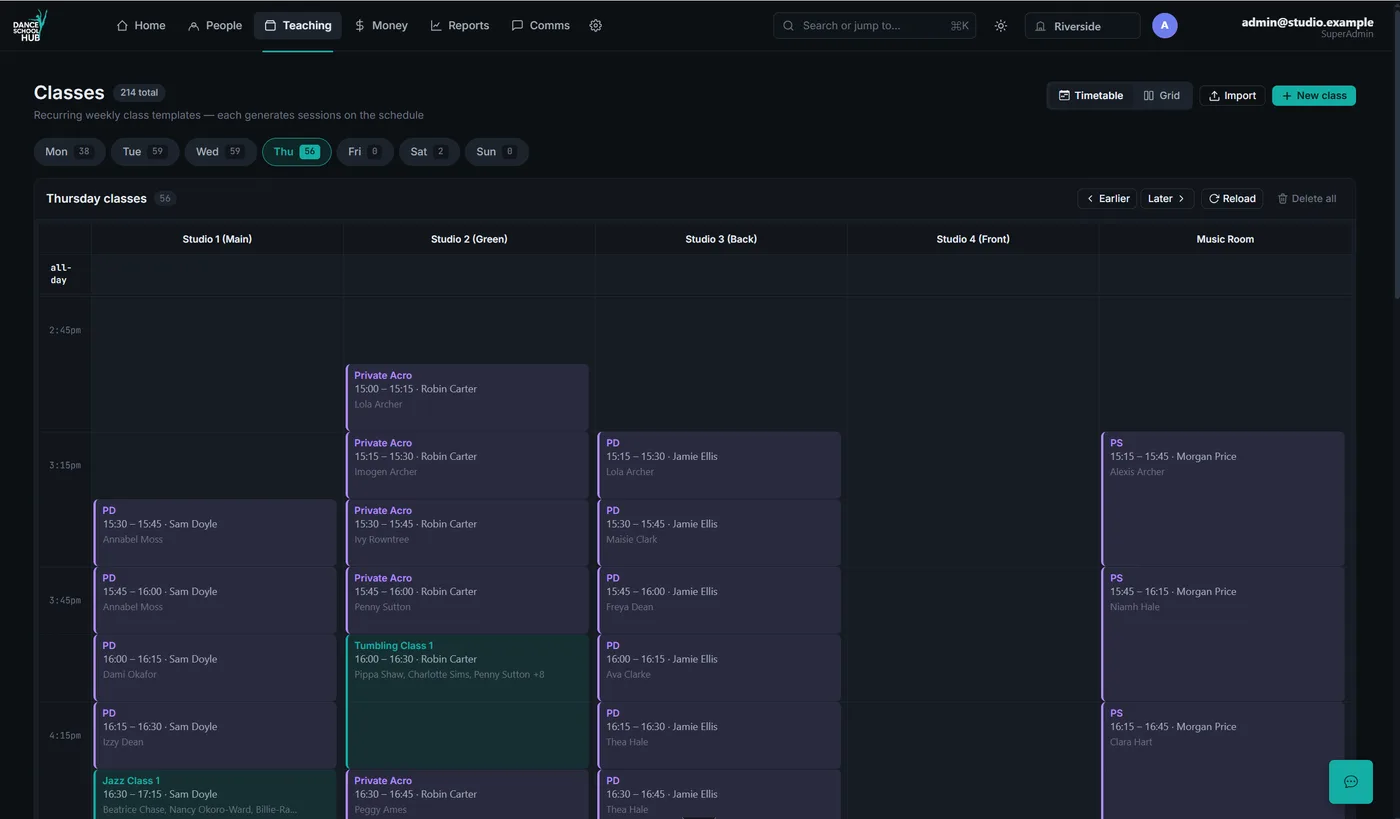 Weekly timetable laid out studio by studio